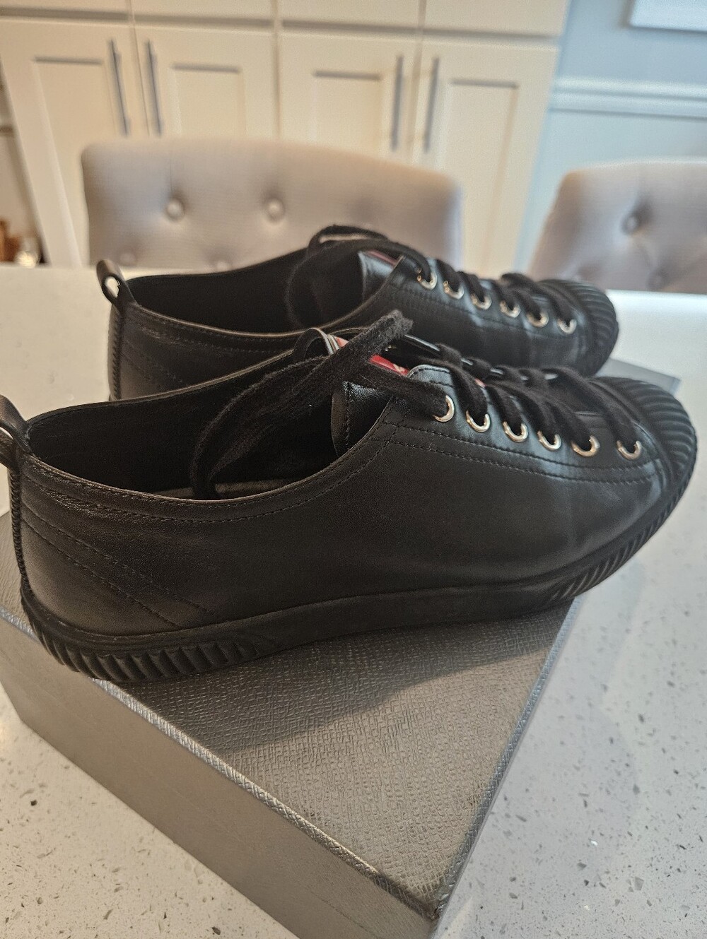 Prada Women Black Leather Sneakers with Red Logo Tongue - Picture 4 of 8
